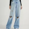 Calça Wide Leg Jeans Com Puídos E Rasgos No Joelho Azul
