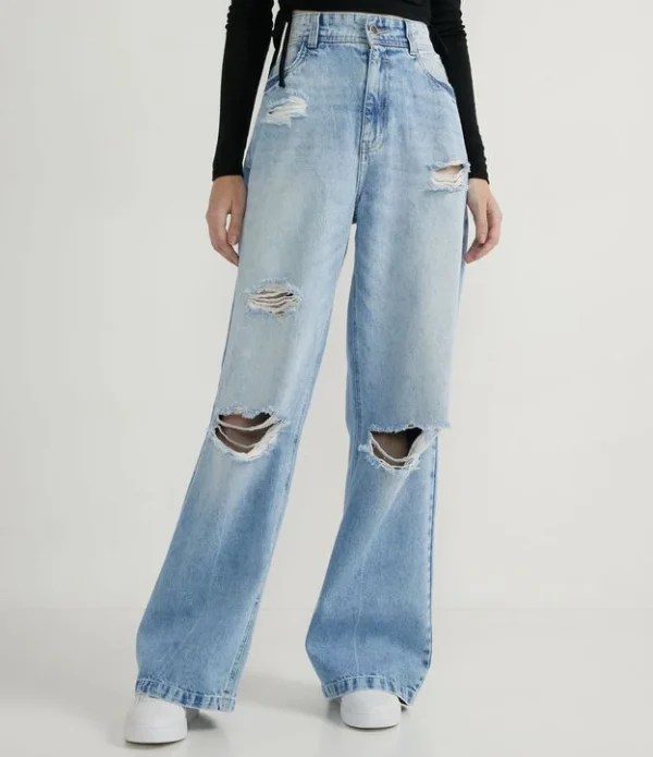 Calça Wide Leg Jeans Com Puídos E Rasgos No Joelho Azul