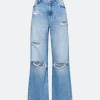 Calça Wide Leg Jeans Com Puídos E Rasgos No Joelho Azul